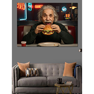 Einstein Hamburger Yiyen Karikatür Dekoratif Kanvas - Mdf Ahşap Tablo