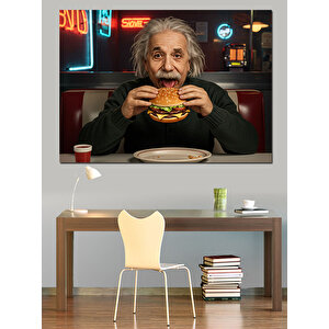 Einstein Hamburger Yiyen Karikatür Dekoratif Kanvas - Mdf Ahşap Tablo