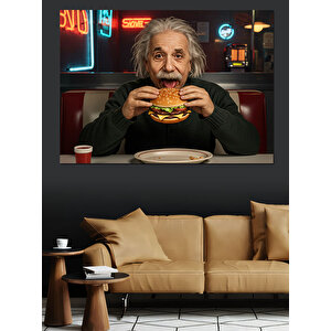 Einstein Hamburger Yiyen Karikatür Dekoratif Kanvas - Mdf Ahşap Tablo