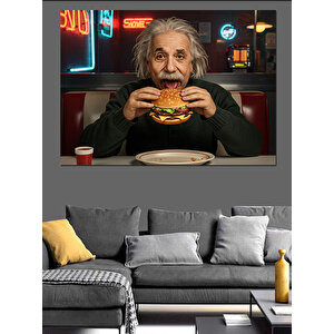 Einstein Hamburger Yiyen Karikatür Dekoratif Kanvas - Mdf Ahşap Tablo