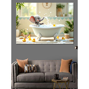 Banyoda Eğlenen Fil Dekoratif Kanvas - Mdf Ahşap Tablo 70x100 cm
