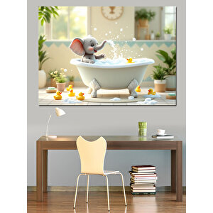 Banyoda Eğlenen Fil Dekoratif Kanvas - Mdf Ahşap Tablo 70x100 cm