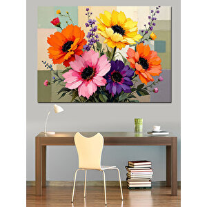 Canlı Renkli Çiçek Buketi Dekoratif Kanvas - Mdf Ahşap Tablo 50x70 cm