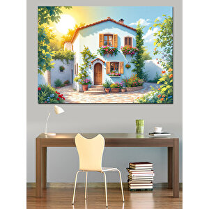 Beyaz Bahçeli Güzel Ev Dekoratif Kanvas - Mdf Ahşap Tablo 100x140 cm