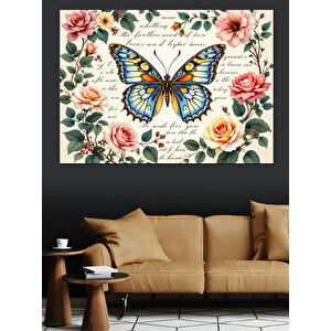 Çiçekli Kelebek Dekoratif Kanvas - Mdf Ahşap Tablo 50x70 cm