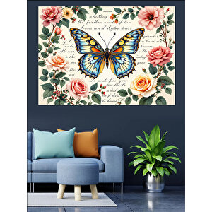Çiçekli Kelebek Dekoratif Kanvas - Mdf Ahşap Tablo 50x70 cm