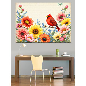Çiçekler Arasında Kırmızı Kuş Dekoratif Kanvas - Mdf Ahşap Tablo 50x70 cm