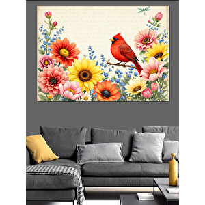 Çiçekler Arasında Kırmızı Kuş Dekoratif Kanvas - Mdf Ahşap Tablo 50x70 cm
