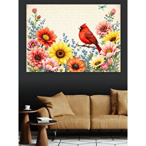 Çiçekler Arasında Kırmızı Kuş Dekoratif Kanvas - Mdf Ahşap Tablo 50x70 cm