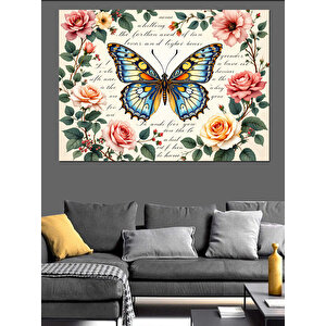 Çiçekli Kelebek Dekoratif Kanvas - Mdf Ahşap Tablo 70x100 cm