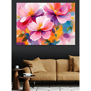 Pembe Sulu Boya Çiçekler Dekoratif Kanvas - Mdf Ahşap Tablo 100x140 cm