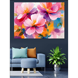 Pembe Sulu Boya Çiçekler Dekoratif Kanvas - Mdf Ahşap Tablo 100x140 cm