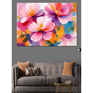 Pembe Sulu Boya Çiçekler Dekoratif Kanvas - Mdf Ahşap Tablo 100x140 cm
