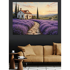 Lavanta Bahçeli Ev Dekoratif Kanvas - Mdf Ahşap Tablo 50x70 cm