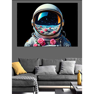 Uzayda Astronot Çiçek Detaylı Dekoratif Kanvas - Mdf Ahşap Tablo 70x100 cm