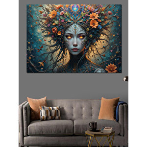 Çiçeklerle Kaplanmış Kadın Dekoratif Kanvas - Mdf Ahşap Tablo 100x140 cm