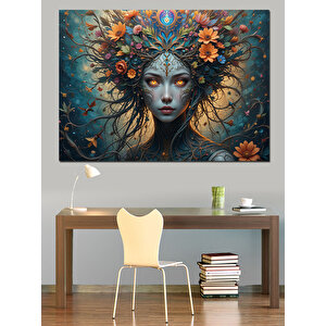Çiçeklerle Kaplanmış Kadın Dekoratif Kanvas - Mdf Ahşap Tablo 100x140 cm