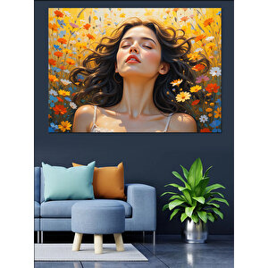 Papatya Tarlasında Kadın Dekoratif Kanvas - Mdf Ahşap Tablo 100x140 cm