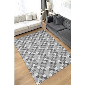 Çiçekli Patchwork Halı Geometrik Halı Gri Kareli Oturma Odası Halısı Çiçekli Salon Halı 160x240 cm