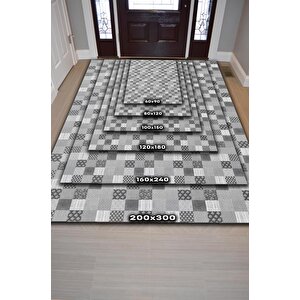 Homshtag Çiçekli Patchwork Halı Geometrik Halı Gri Kareli Oturma Odası Halısı Çiçekli Salon Halı