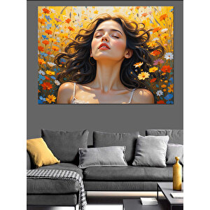 Papatya Tarlasında Kadın Dekoratif Kanvas - Mdf Ahşap Tablo 50x70 cm