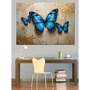Altın Zemin Mavi Kelebekler Dekoratif Kanvas - Mdf Ahşap Tablo 70x100 cm