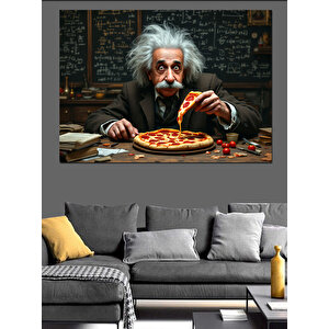 Pizza Ve Einstein Dekoratif Kanvas - Mdf Ahşap Tablo 100x140 cm
