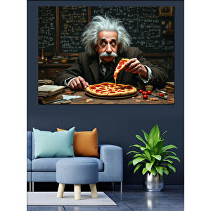 Pizza Ve Einstein Dekoratif Kanvas - Mdf Ahşap Tablo