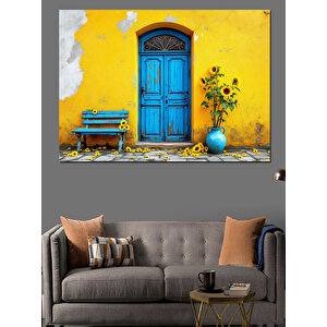 Mavi Kapı Ve Çiçekler Dekoratif Kanvas - Mdf Ahşap Tablo 35x50 cm
