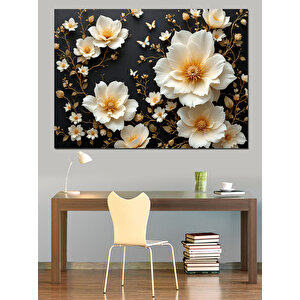 Siyah Üzerinde Beyaz Çiçekler Dekoratif Kanvas - Mdf Ahşap Tablo 100x140 cm