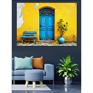 Mavi Kapı Ve Çiçekler Dekoratif Kanvas - Mdf Ahşap Tablo 50x70 cm