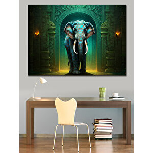 Tapınakta Duran Mavi Fil Dekoratif Kanvas - Mdf Ahşap Tablo 70x100 cm