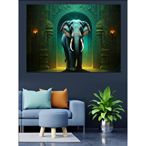 Tapınakta Duran Mavi Fil Dekoratif Kanvas - Mdf Ahşap Tablo