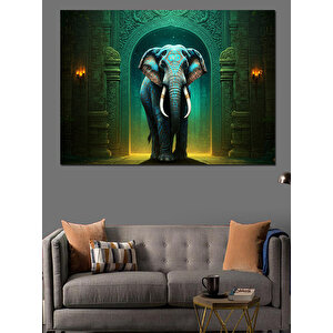 Tapınakta Duran Mavi Fil Dekoratif Kanvas - Mdf Ahşap Tablo