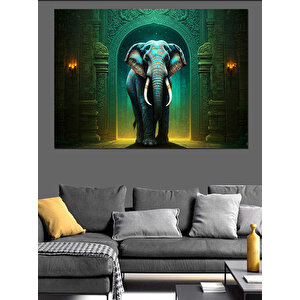 Tapınakta Duran Mavi Fil Dekoratif Kanvas - Mdf Ahşap Tablo 100x140 cm