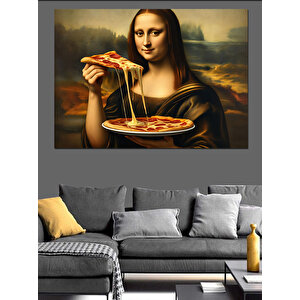 Pizza Yiyen Mona Lisa Dekoratif Kanvas - Mdf Ahşap Tablo