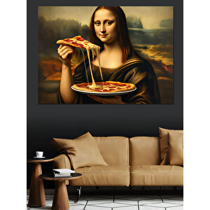 Pizza Yiyen Mona Lisa Dekoratif Kanvas - Mdf Ahşap Tablo