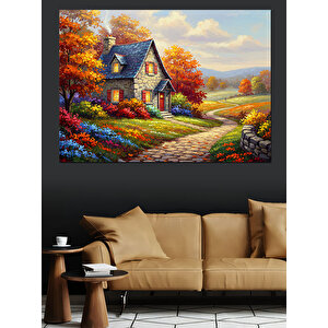 Sonbahar Bahçeli Ev Dekoratif Kanvas - Mdf Ahşap Tablo 100x140 cm