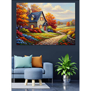 Sonbahar Bahçeli Ev Dekoratif Kanvas - Mdf Ahşap Tablo 100x140 cm