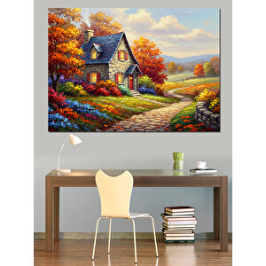 Sonbahar Bahçeli Ev Dekoratif Kanvas - Mdf Ahşap Tablo