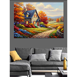 Sonbahar Bahçeli Ev Dekoratif Kanvas - Mdf Ahşap Tablo