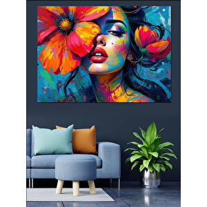 Çiçekli Renkli Yüz Portresi Dekoratif Kanvas - Mdf Ahşap Tablo 70x100 cm
