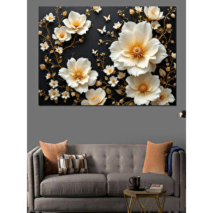 Siyah Üzerinde Beyaz Çiçekler Dekoratif Kanvas - Mdf Ahşap Tablo 50x70 cm