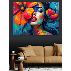 Çiçekli Renkli Yüz Portresi Dekoratif Kanvas - Mdf Ahşap Tablo 100x140 cm