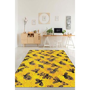 Arı Kovanı Dokuma Tabanlı Yıkanabilir Sarı Renkli Halı Hayvan Baskılı Renkli Mutfak Halısı 80x120 cm