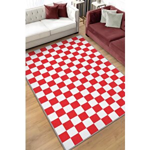Minimalist Damalı Kırmızı Beyaz Halı Kareli Oturma Odası Halısı Retro Tarzı Salon Halısı 100x150 cm