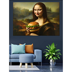 Hamburger Yiyen Mona Lisa Dekoratif Kanvas - Mdf Ahşap Tablo 100x140 cm