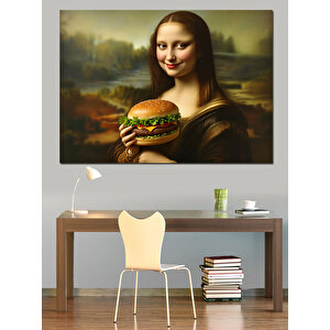 Hamburger Yiyen Mona Lisa Dekoratif Kanvas - Mdf Ahşap Tablo