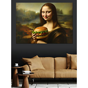 Hamburger Yiyen Mona Lisa Dekoratif Kanvas - Mdf Ahşap Tablo