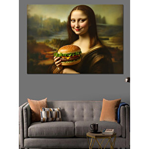 Hamburger Yiyen Mona Lisa Dekoratif Kanvas - Mdf Ahşap Tablo